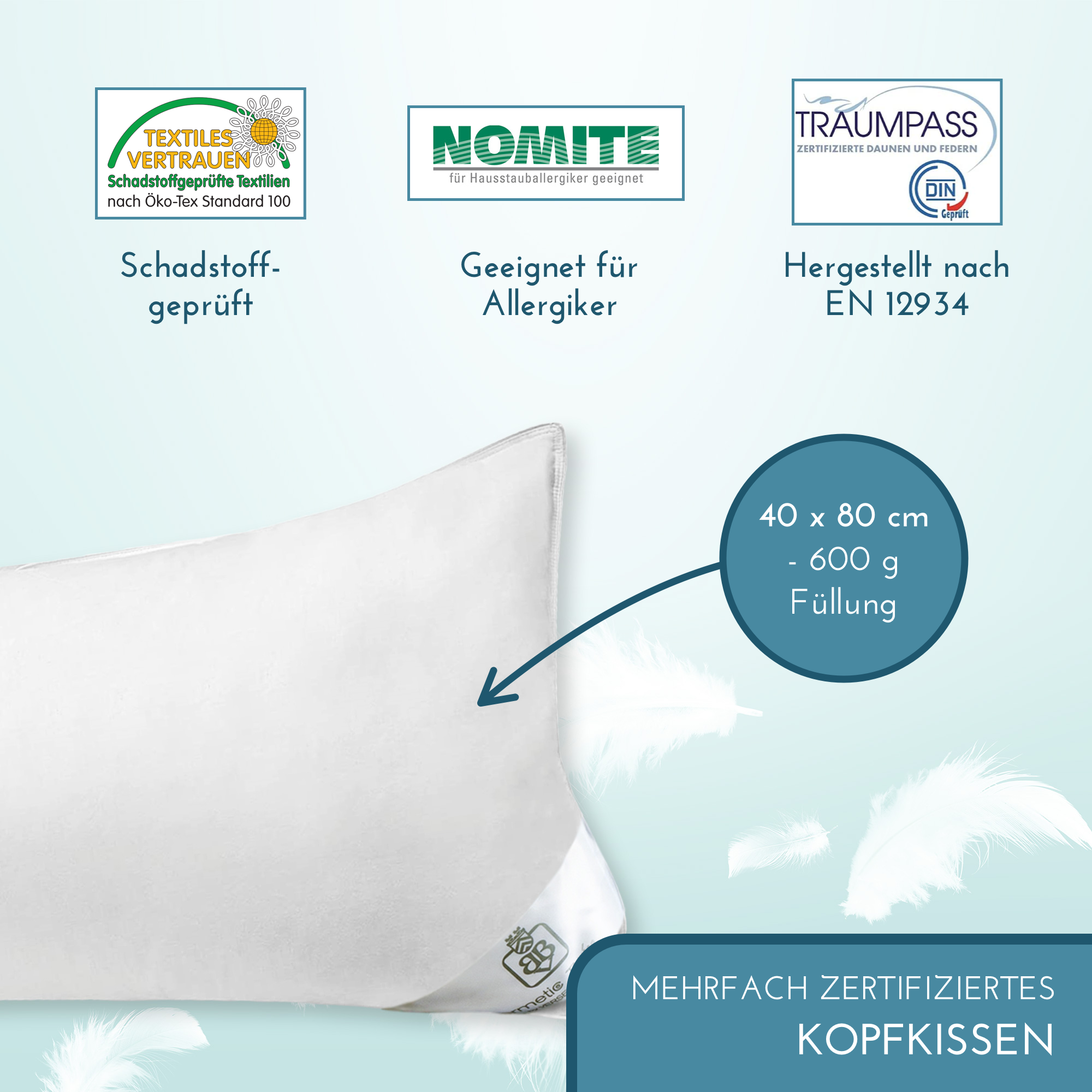 VitaloBett Luxus 3-Kammer Kopfkissen 40x80 cm 600g kanadische Daunen und Federn medium