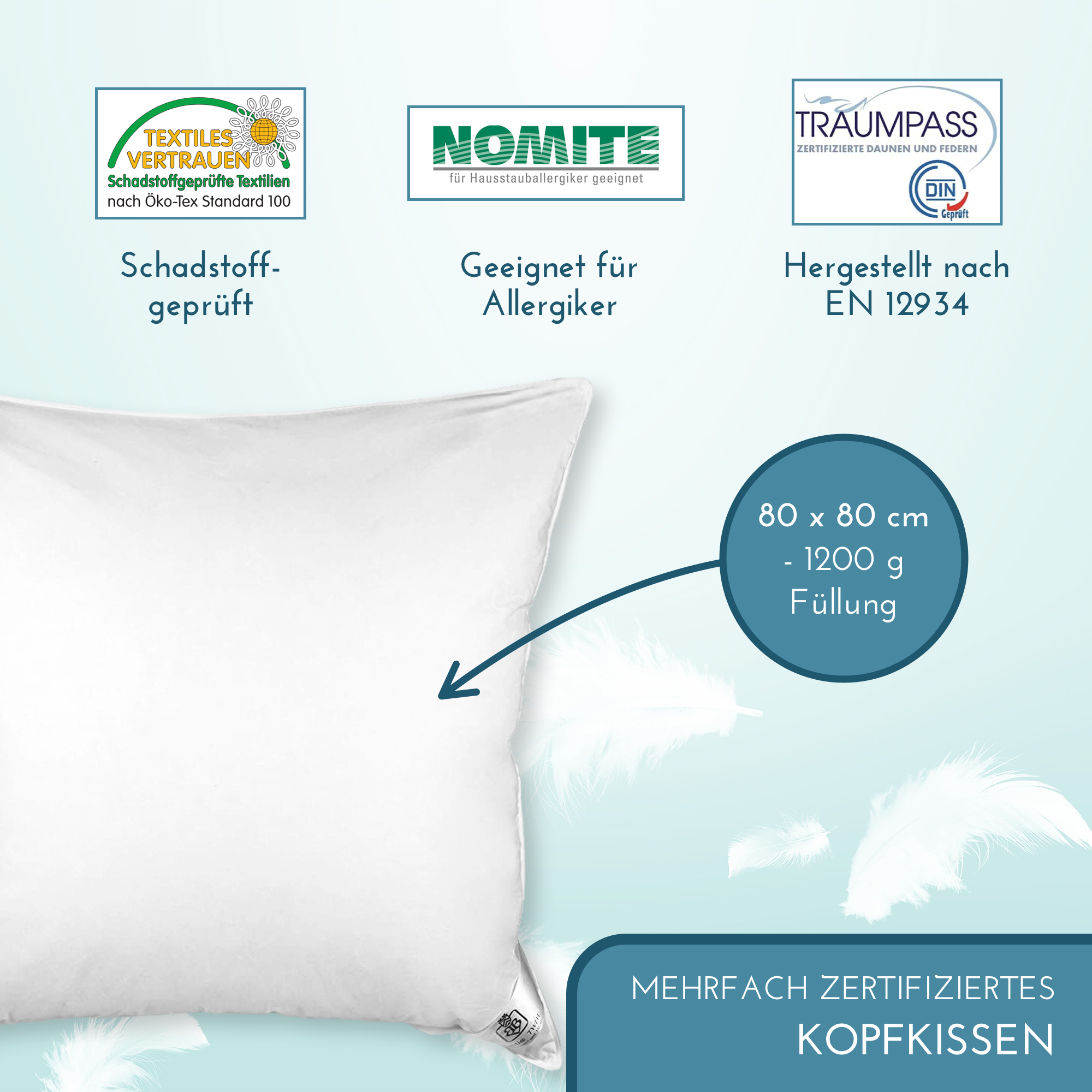 VitaloBett Luxus 3-Kammer Kopfkissen 80x80 cm 1200g canadischen Daunen und Federn medium