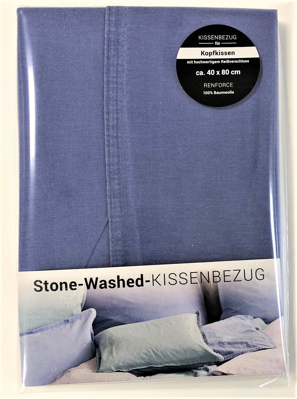 Bettwäsche Kissenhülle 40x80 cm Vintage Used-Look uni denim Stone Washed 100% Baumwolle