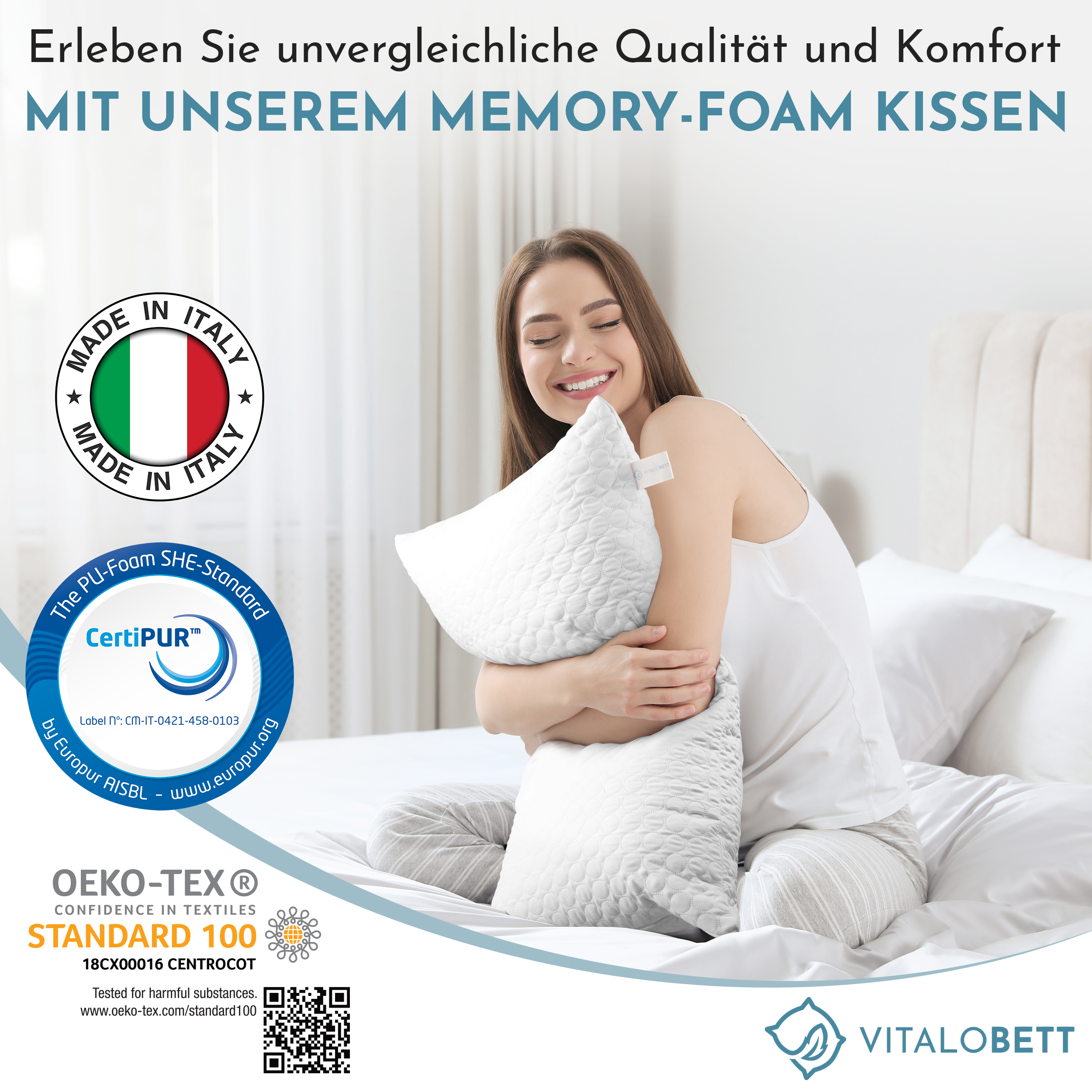 VitaloBett Kopfkissen 40x80 cm Komfort-Flexkissen mit Memory-Sticks und Reißverschluss