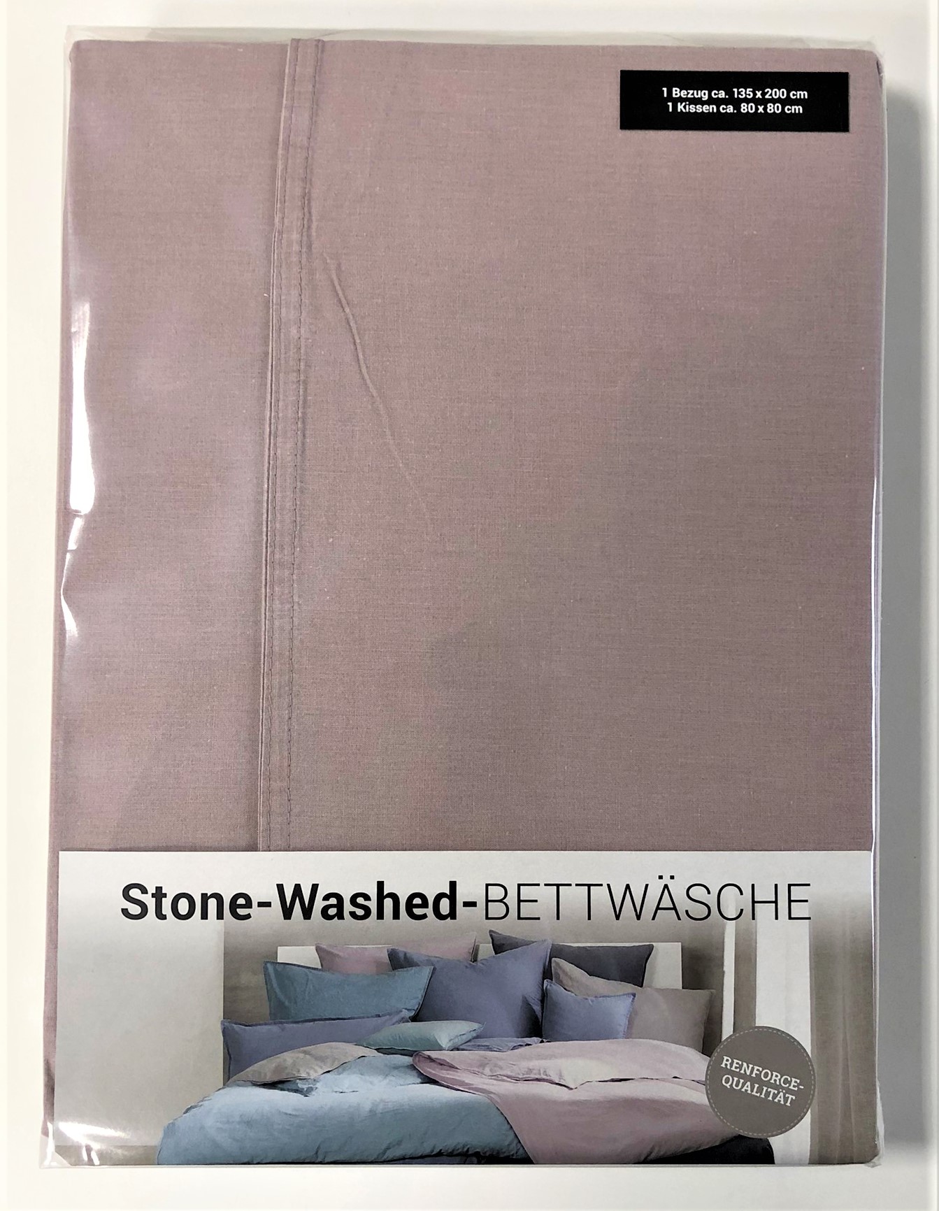 Bettwäscheset 135x200 und 1 x 80x80 cm Vintage Used-Look uni blass-rosé Stone Washed 100% Baumwolle