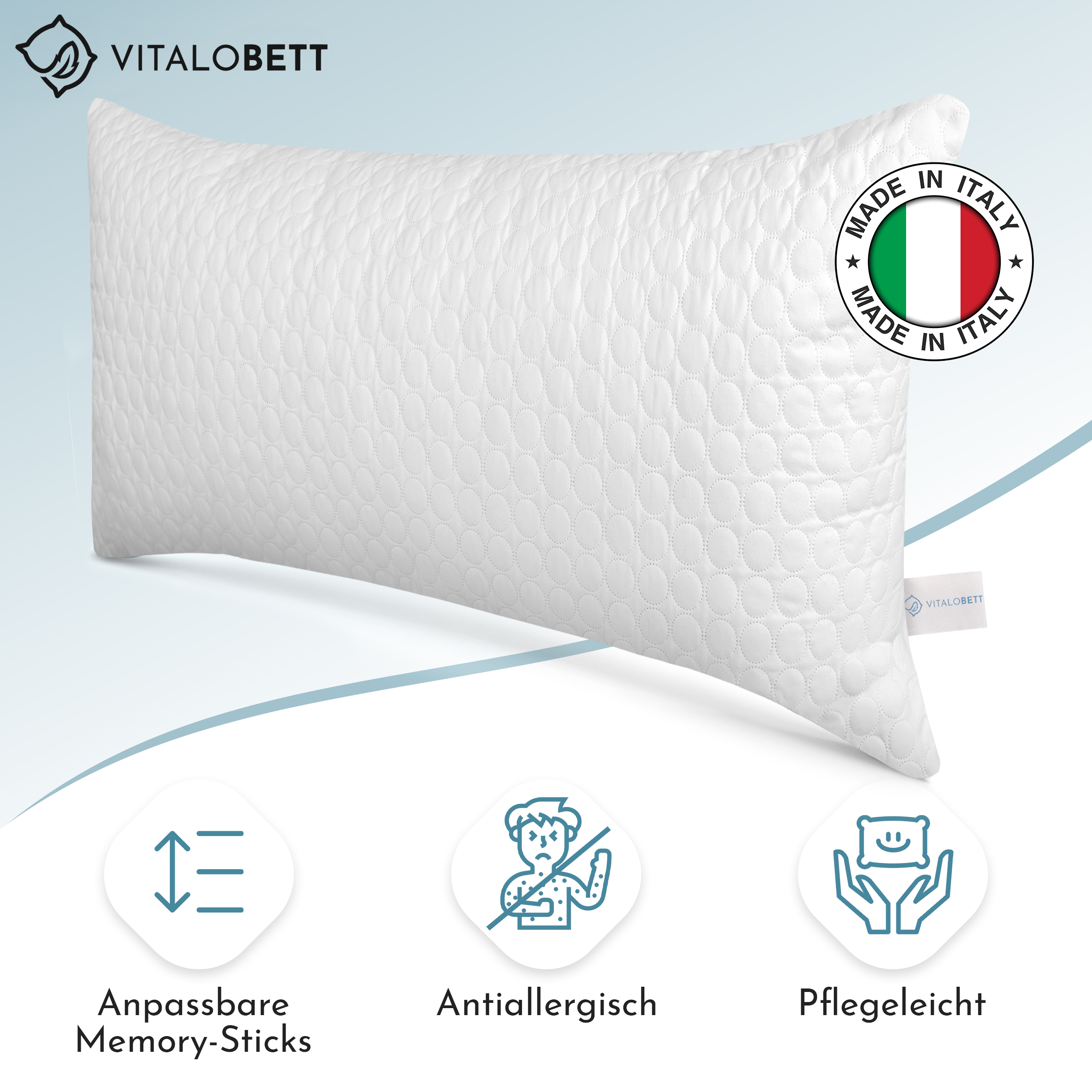 VitaloBett Kopfkissen 40x80 cm Komfort-Flexkissen mit Memory-Sticks und Reißverschluss