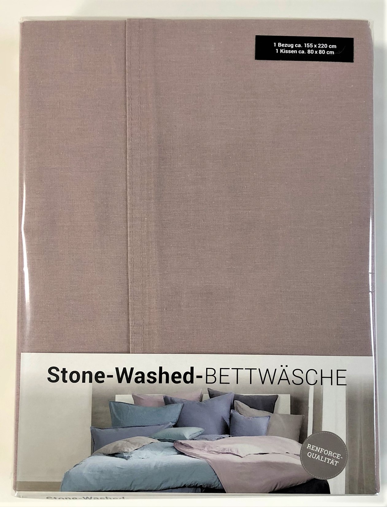 Bettwäscheset 155x220 und 1 x 80x80 cm Vintage Used-Look uni blass-rosé Stone Washed 100% Baumwolle