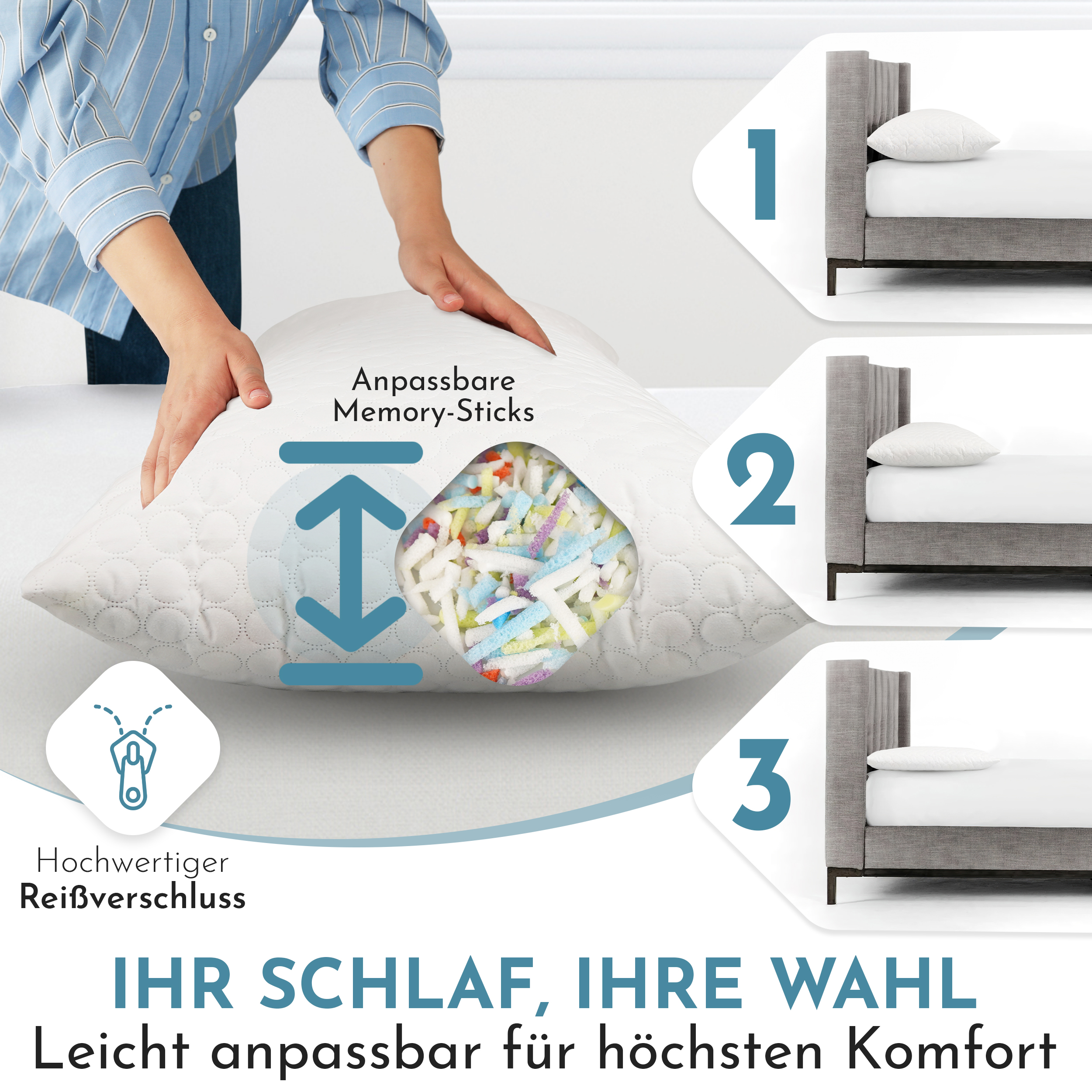 VitaloBett Kopfkissen 40x80 cm Komfort-Flexkissen mit Memory-Sticks und Reißverschluss