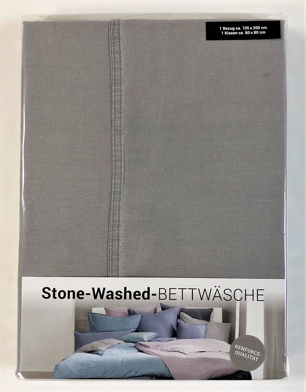 Bettwäscheset 135x200 und 1 x 80x80 cm Vintage Used-Look uni kitt Stone Washed 100% Baumwolle